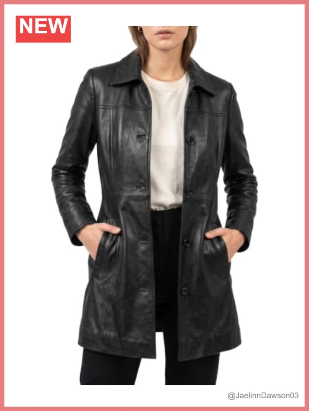 Women's Mid Length Real Leather Car Coat Button Front Long Sleeve